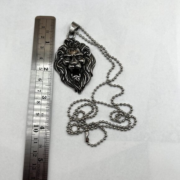 Huge Impressive Silver Steel Lion Head Pendant Long Chain Necklace - Picture 4 of 6